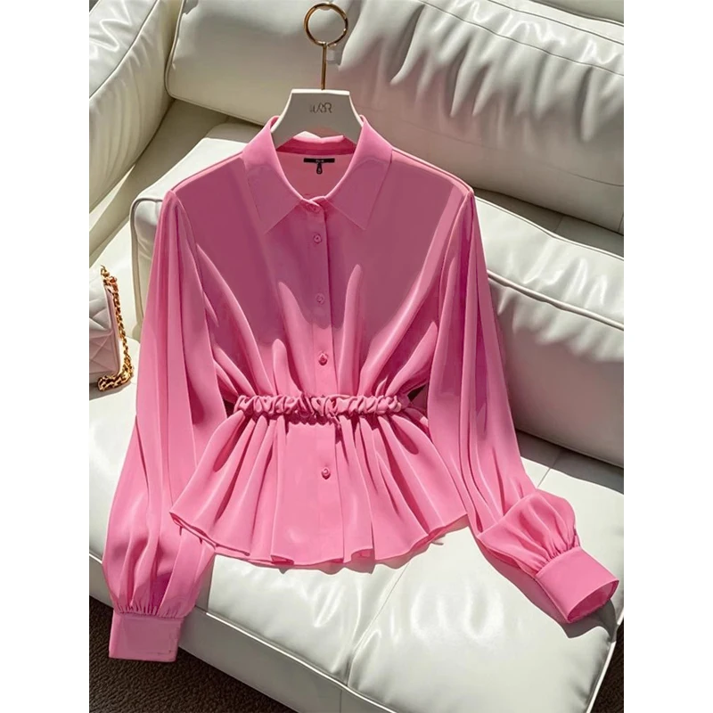 Блузка женская шифоновая с длинным рукавом и тонкой талией в французском стиле