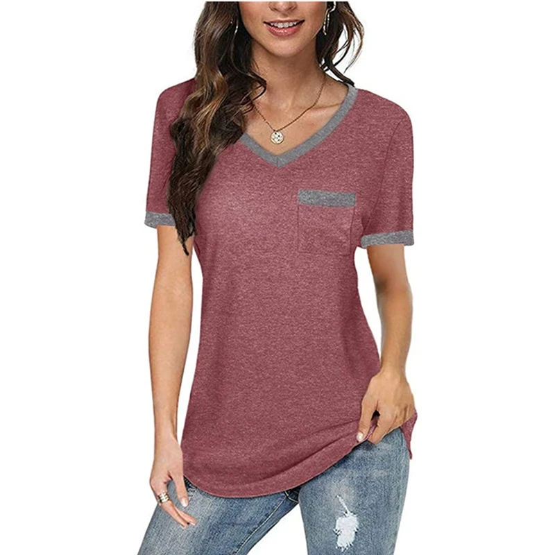 

Women's Fashion Casual V-Neck Contrast Color Loose Short-Sleeved T-Shirt Tops