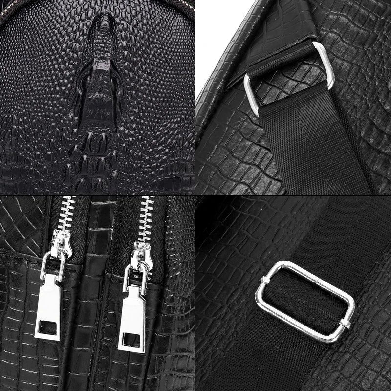 SCHLATUM 100% Genuine Leather Sport Casual Crossbody Bag  for Men Men's Chest Bag Black Crocodile Pattern Shoulder Bag