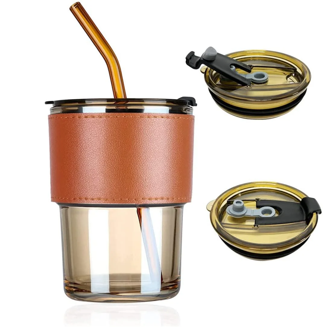 Leak-Proof Glass Tumbler Cup, 400ml Clear Reusable Smoothie Mugs with Leak Proof Lid and Heat  Resistant Leather Band