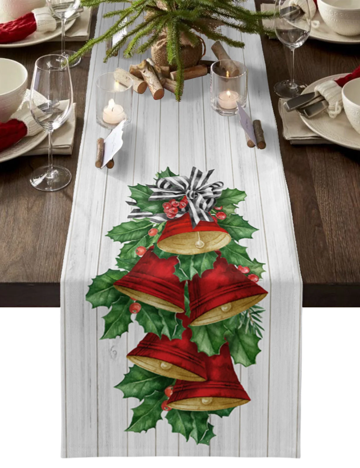 

Christmas Pine Needles Red Bells Wood Grain Table Runner Christmas Dining Table Decor Table Runners Wedding Decor Table Cloth