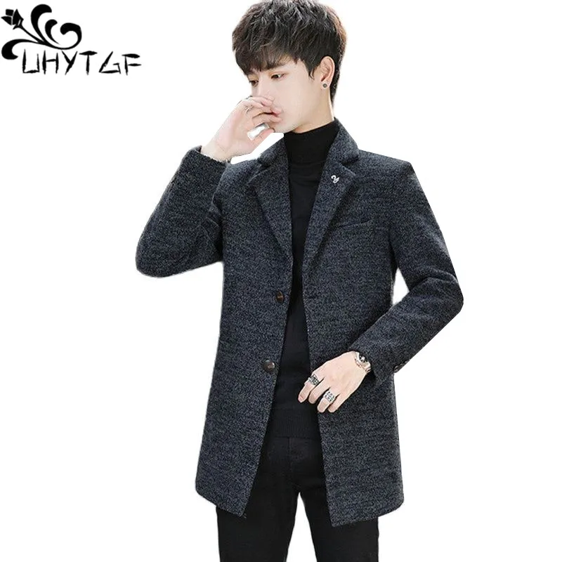 

UHYTGF M-5XL Fashion Youth Windbreaker Coat Men's Mid-length Casual Business Men Outerwear Autumn Winter Woolen Jacket Male 225