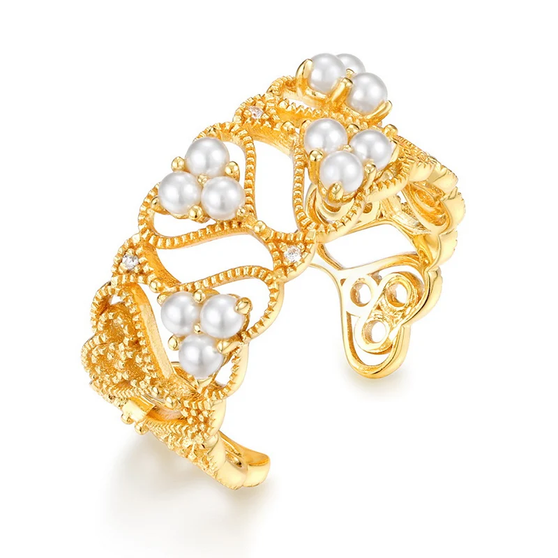 

Hollow Palace Love Heart Lace Pearl Ring S925 9K Gold Plated Shell Bead Ladies Ring 210306-22
