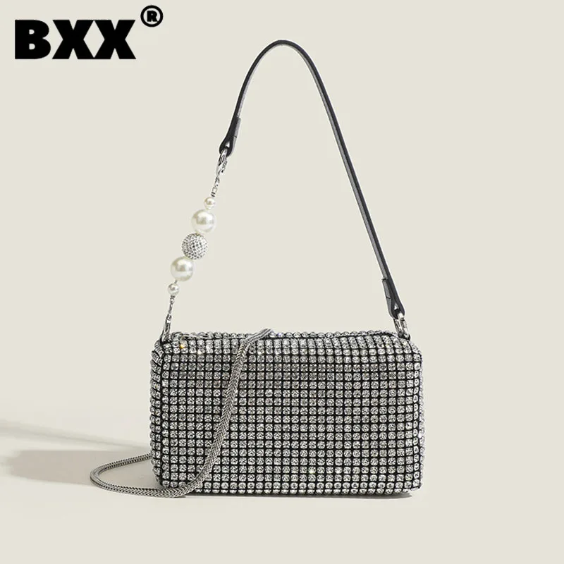 

[BXX] Diamond Pearl Chain Single Shoulder Silver Handbag Elegant Light Luxury Temperament Exquisite Casual Bag 2023 New 8CY408