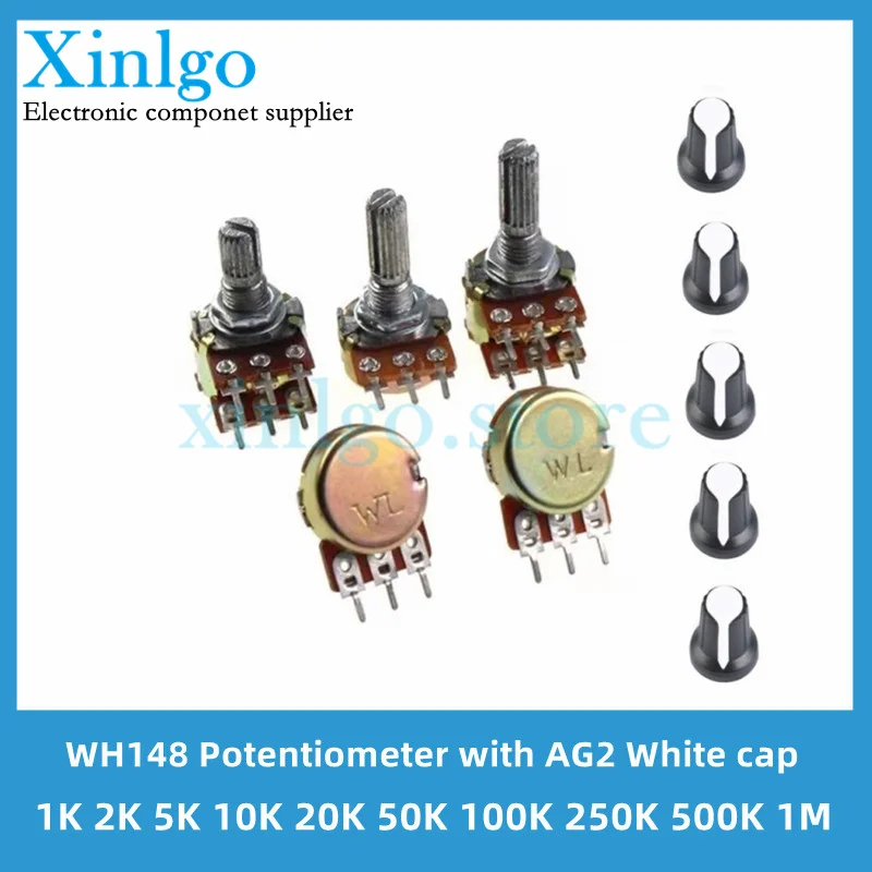 

5 Sets WH148 1K 10K 20K 50K 100K 500K Ohm 15mm 3 Pin Linear Taper Rotary Potentiometer Resistor for Arduino with AG2 White cap