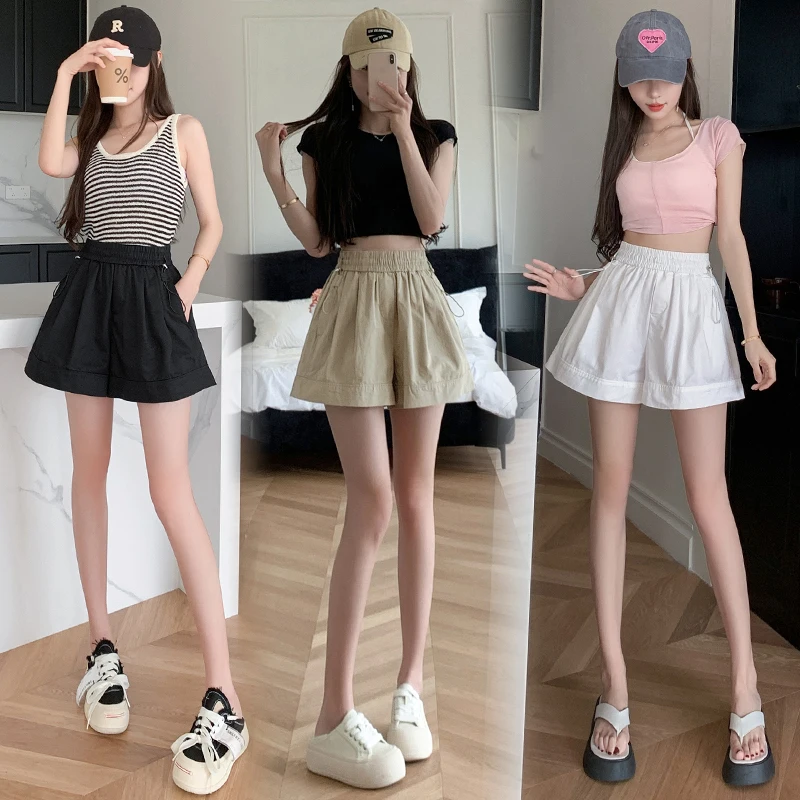 Shorts for Women Elastic Waist Wide Leg Shorts Women A-line Casual Shorts 2023 Summer OL Basic High Waisted Shorts Loose Clothes