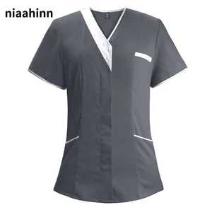 Women Tops Nurses Uniform Short Sleeve V-neck Top Working T-shirt Summer Workwear Tops Plus Size Blouse Sexy Nursing Uniform