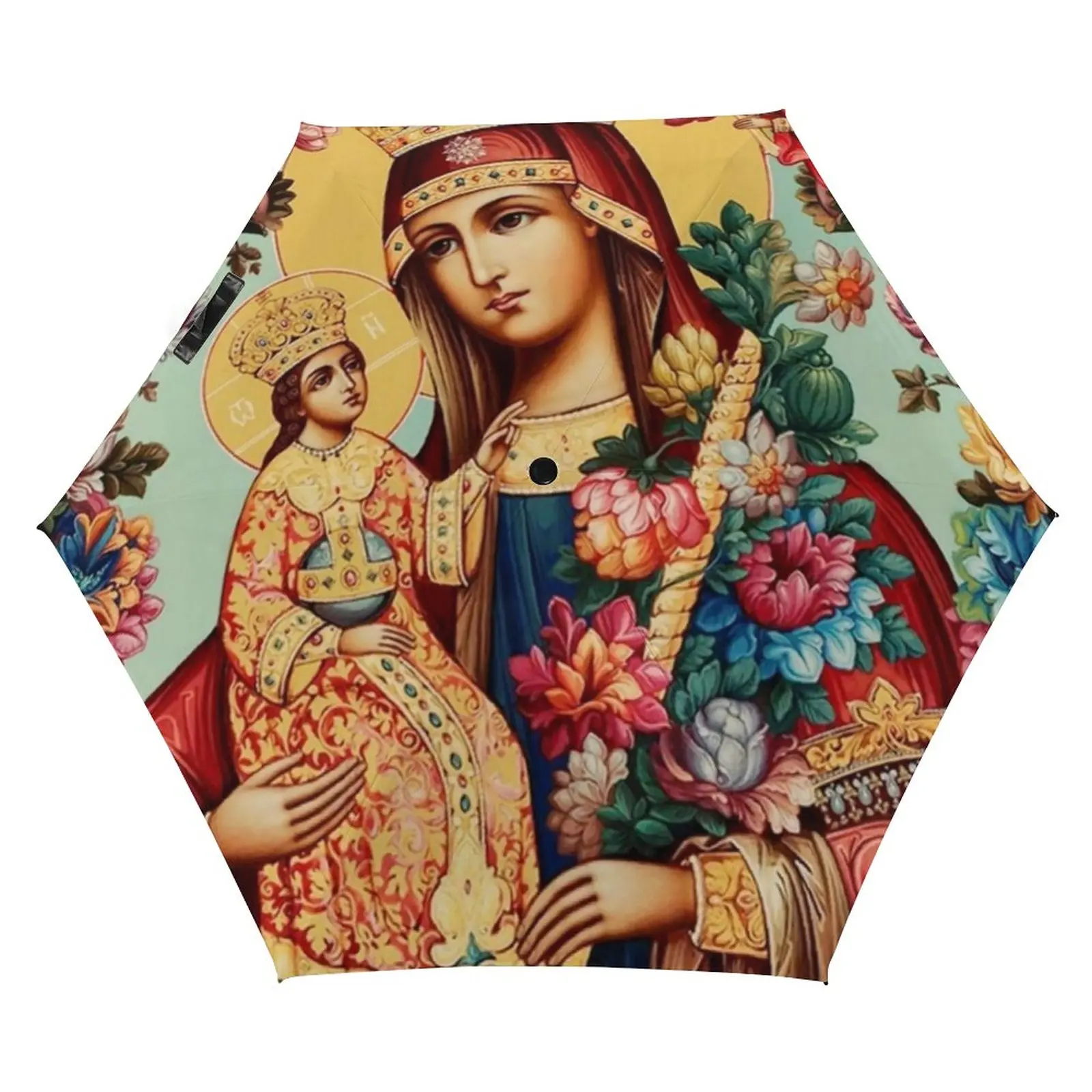 

Virgin Mary 5 Fold 6 Ribs Umbrella Queen of Flowers Portable Pocket Umbrella Sun and Rain Umbrellas for Men Women