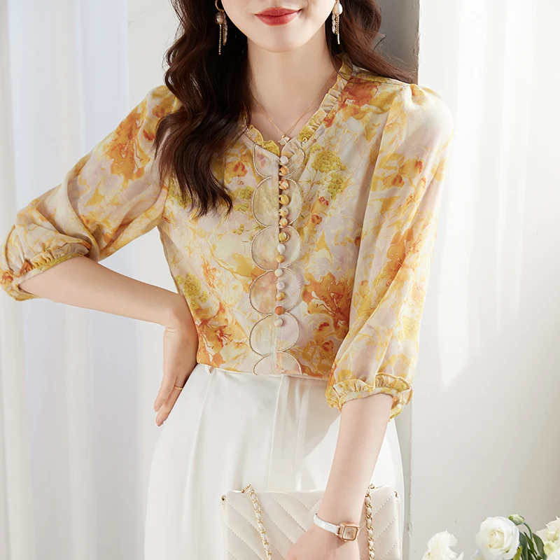

Корейская модная шифоновая блузка, рубашка 3/4, топы с цветочным принтом и рукавами-фонариками, Повседневная Свободная Женская одежда, блуза