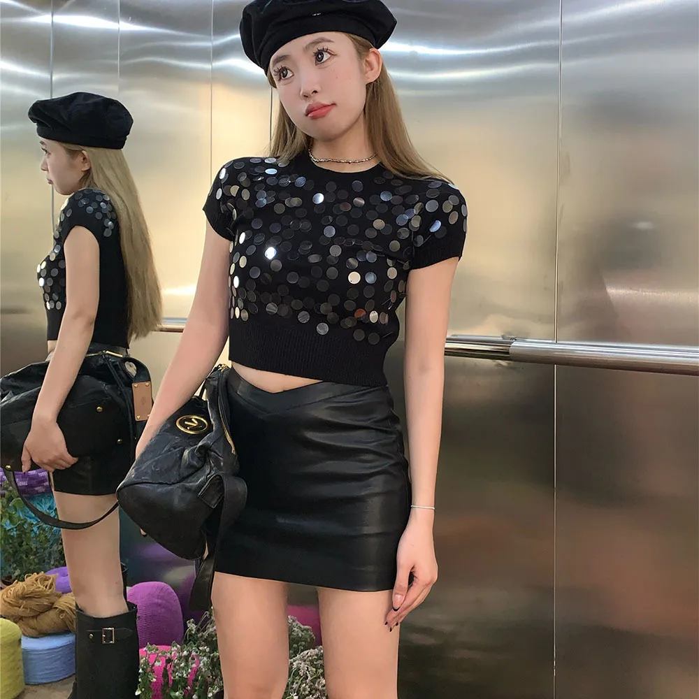 2023 New Casual Women's Spring Sequins Sweater With Short Sleeve Big Sequined Round Neck Short Knit Top Ladies Aesthetic Clothes