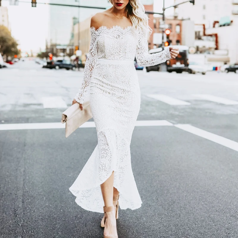 

Women's Sexy Floral Lace Long Sleeve Off Shoulder Wedding Bodycon Pencil Maxi Dress