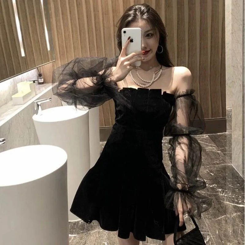 

Новое Элегантное Сетчатое черное платье с рукавами-фонариками для девочек, платье с открытыми плечами, закрывающее талию, женское платье