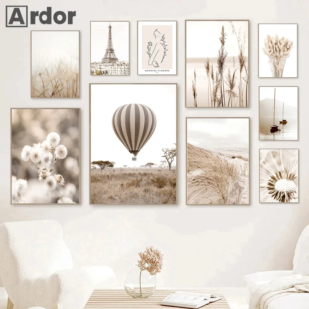 

Hot Air Balloon Paris Tower Posters Reed Grass Beach Dandelion Wall Art Canvas Painting Print Nordic Wall Pictures Bedroom Decor