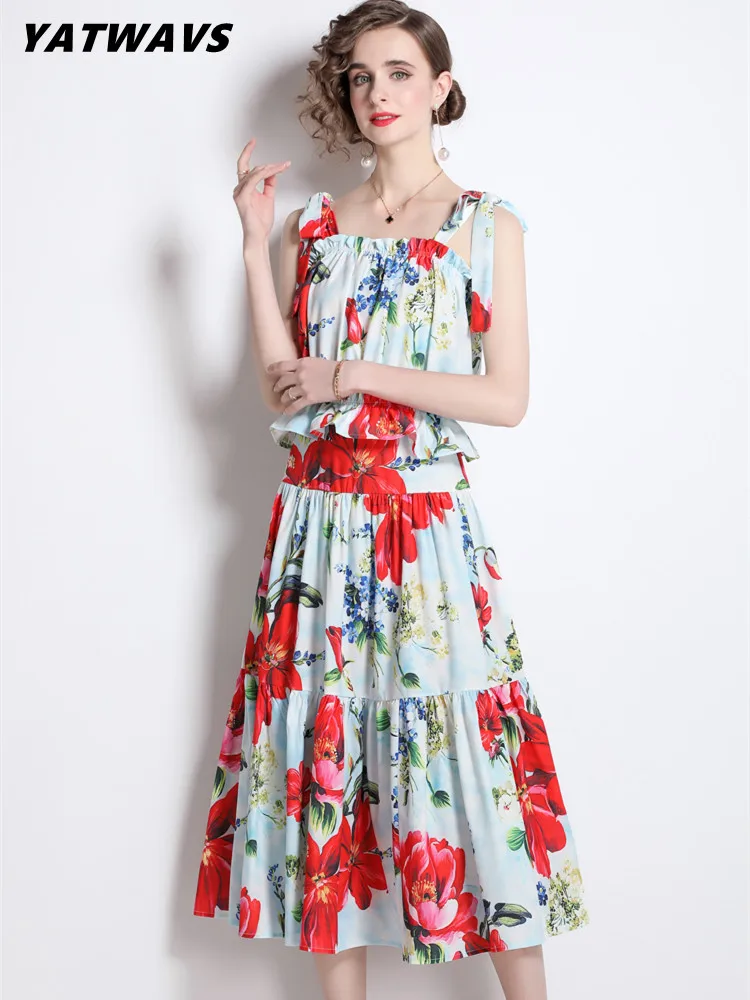 

Summer Boho 2 Piece Set Women's Bow Slash Neck Elastic Suspenders Tops+Chic High Waist A-Line Maxi Skirt Floral Print Lady Suit
