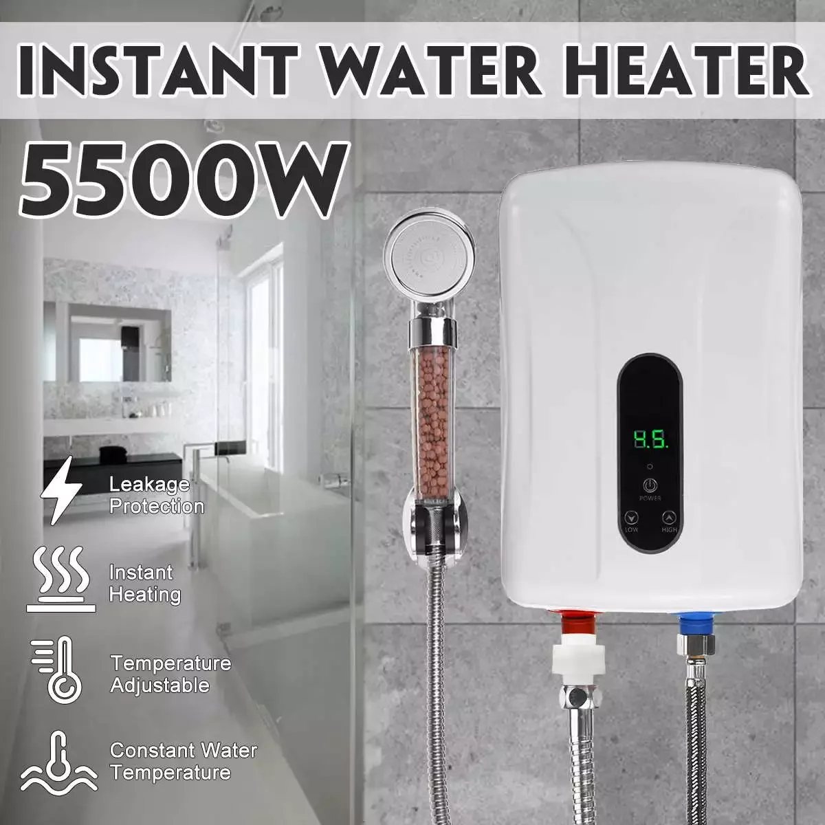 Enlarge 5500W 220V Instant Electric Water Heater Bathroom Kitchen Smart Touch Tankless Water Heater Temperature Display Heating Shower