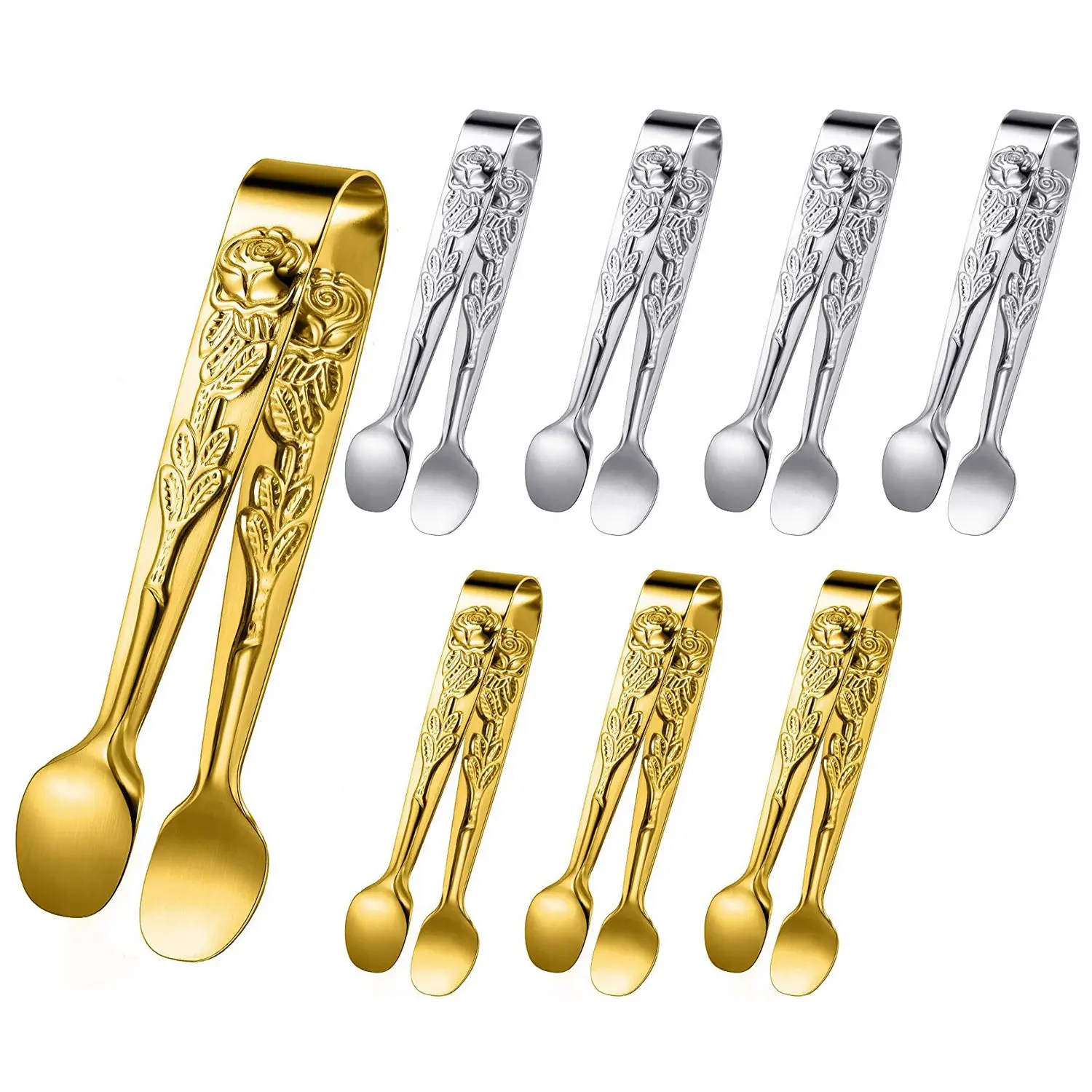 8Pieces Rose Handle Sugar Tong Stainless Steel Mini Sugar Tong Square Tongs Non-Slip Appetizers Candy Serving Tongs