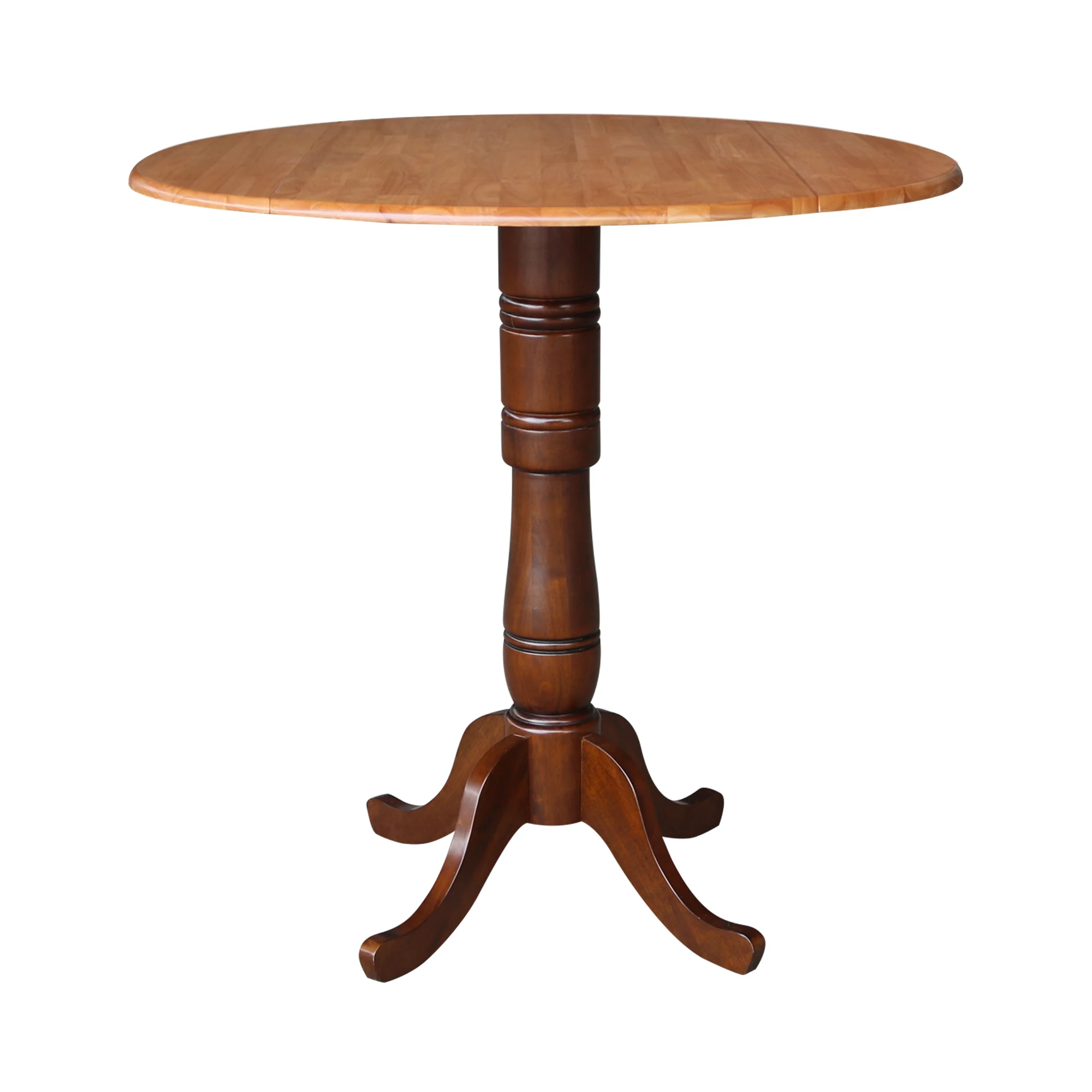 

42Inch Round Solid Wood Dual Drop Leaf Pedestal Table in Cinnamon/Espresso - 41.5"H Bar Height by International Concepts