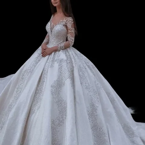 Бальное платье по индивидуальному заказу с v-образным вырезом и иллюзией, свадебное платье с длинными рукавами, соборный шлейф, с открытыми плечами, свадебное платье с аппликацией из бисера