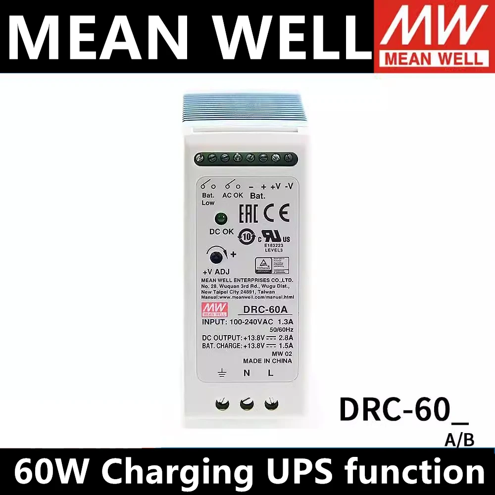 

Meanwell DRC-60A DRC-60B 13.8V 27.6V 60W Original Up DIN Rail Industri Keamanan atau Baterai Systerms Switching Power supply