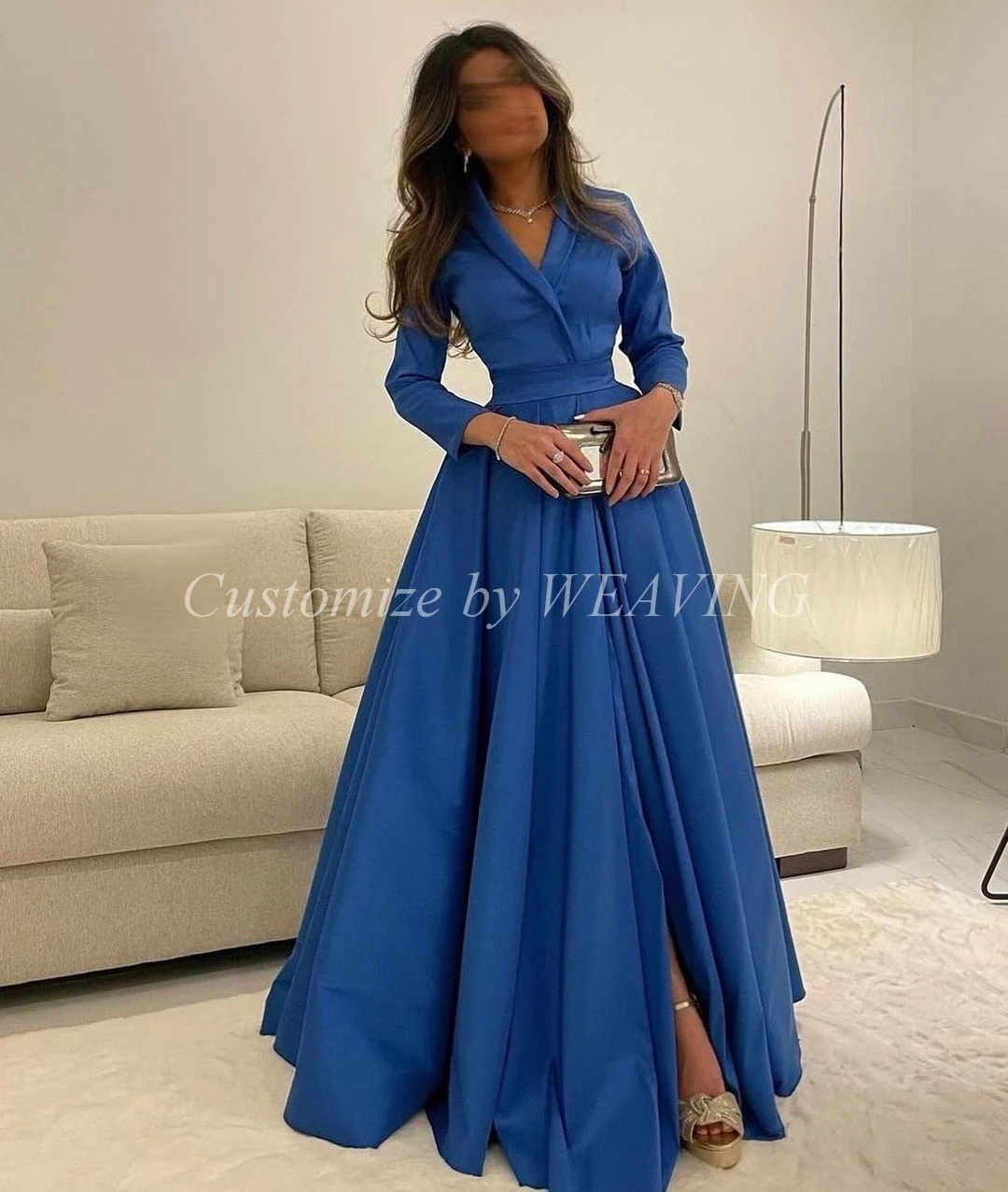 

Blue Long Sleeves Prom Dresses V Neck Floor Length Saudi Arabic Women Evening Gowns Party Dress