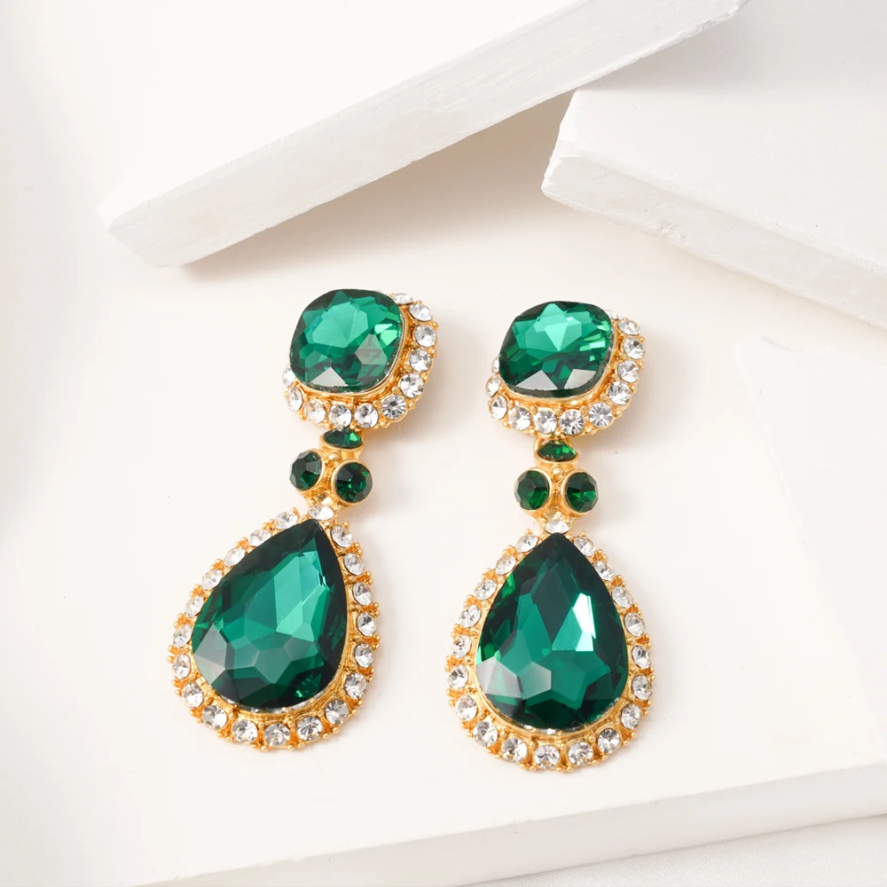

Luxury Dark Green Crystal Dangle Earrings For Women Heart Geometric Drop Earring Casual Party Office Jewelry 2023 New In Trendy