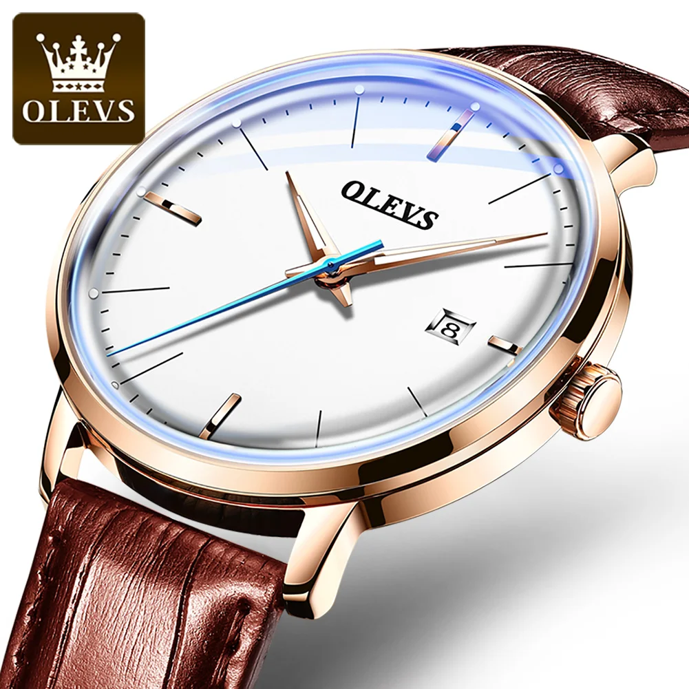 

OLEVS 6609 Mechanical Man Dress Watch Waterproof Luminous Calendar Automatic Watch For Men Curved Mirror Leather Wristwatch