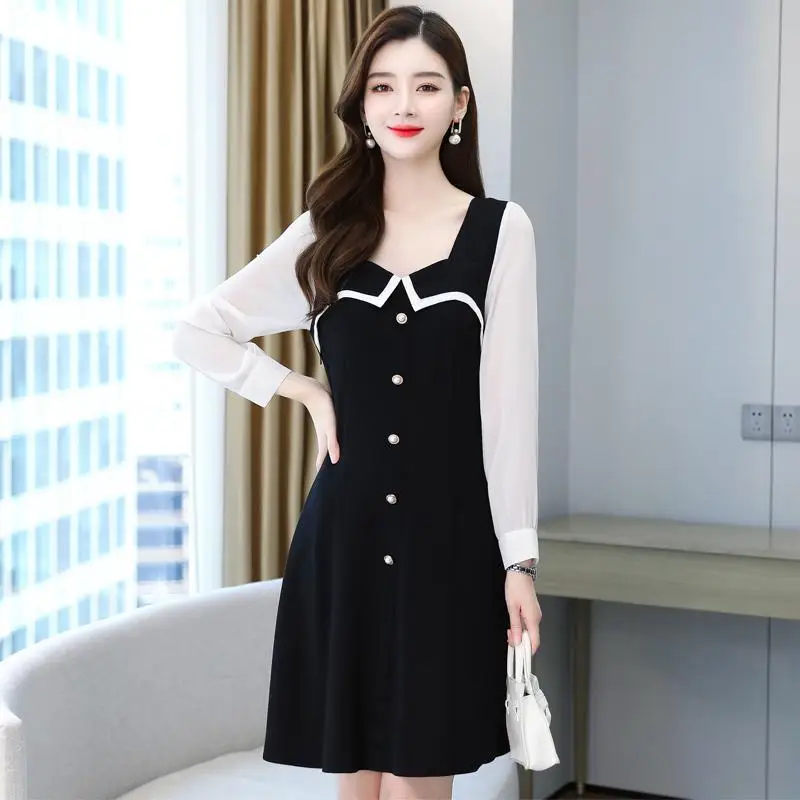 

Spring Autumn Woman Chiffon Lanon Knee-length Vintage Dress Patchwork Square Collar New Fashion Button Long Sleeves Dresses Fema