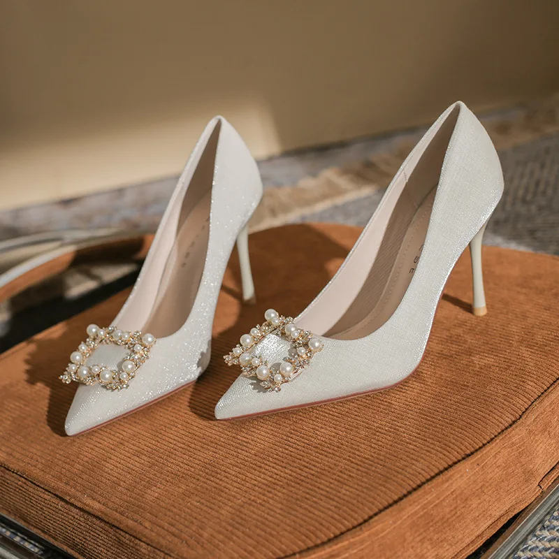 

2022 Pointed High Heels Women's New Square Buckle Rhinestone Pearl Wedding Shoes Women Shoes