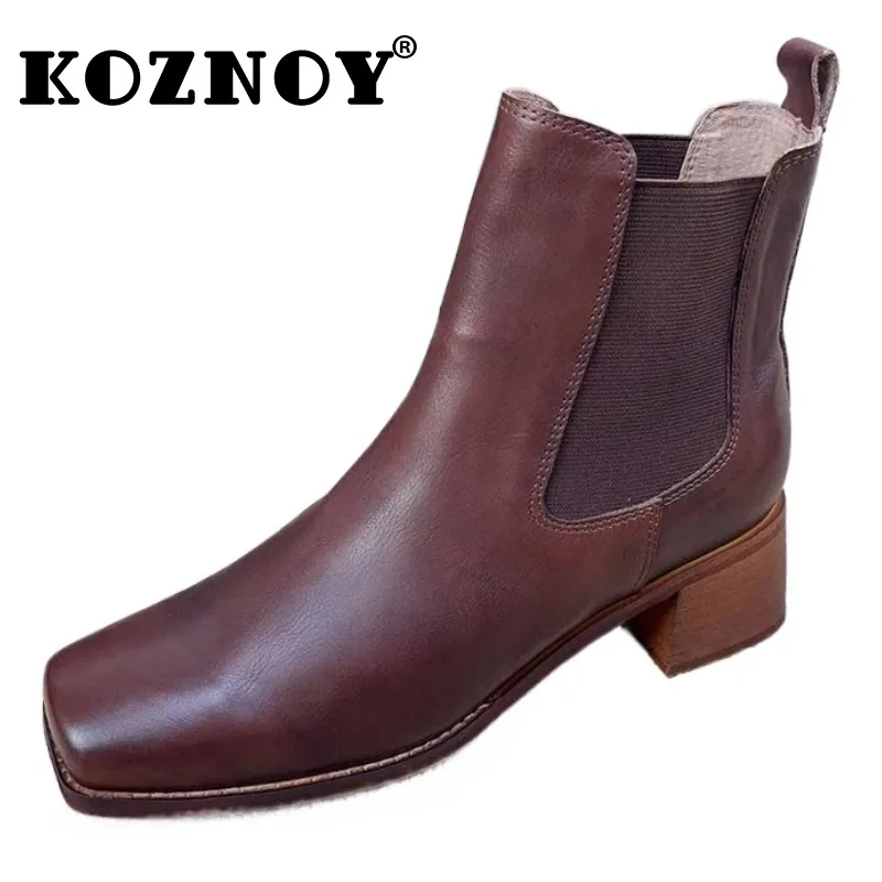 

Koznoy 4cm New Cow Genuine Leather Square Toe Ankle Boots Spring Chunky Heels Ladies Chelsea Autumn Moccasins Women Ethnic Shoes