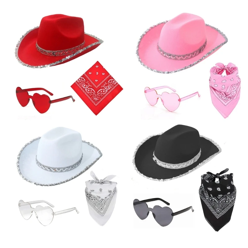 

Женская ковбойская шляпа, Западная шляпа с широкими полями, носовой платок, набор солнцезащитных очков в форме сердца, Женский костюм для косплея, фетровая шляпа, головной убор