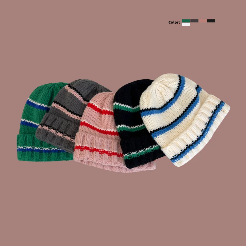 

Шапка-бини в полоску для мужчин и женщин, зимняя простая ветрозащитная теплая уличная модная эластичная мягкая вязаная шапка в студенческо...