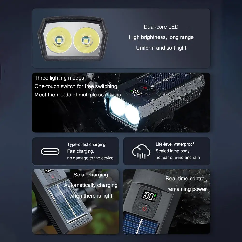 Фонарь передний для горного и дорожного велосипеда с солнечной батареей