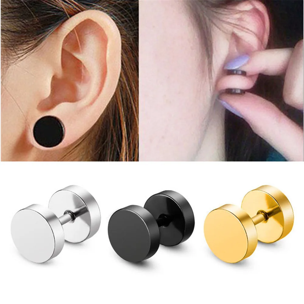 

1Pcs Punk Earrings for Men Stainless Steel Blue Black Round Barbell Screw Back Piercing Ear Studs Earrings Women Goth Jewelry