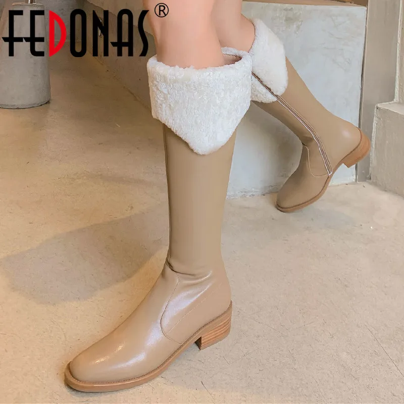

Женские сапоги до колена FEDONAS, черные повседневные сапоги из натуральной кожи на низком каблуке, вечерние сапоги для работы, Осень-зима 2019