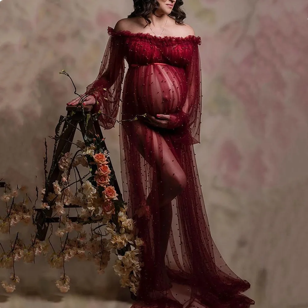 Slash Neck Tulle Pearls Maternity Photoshoot Long Dress See Through Tulle Pearls Pregnant Woman Gown Full Sleeve Free Size