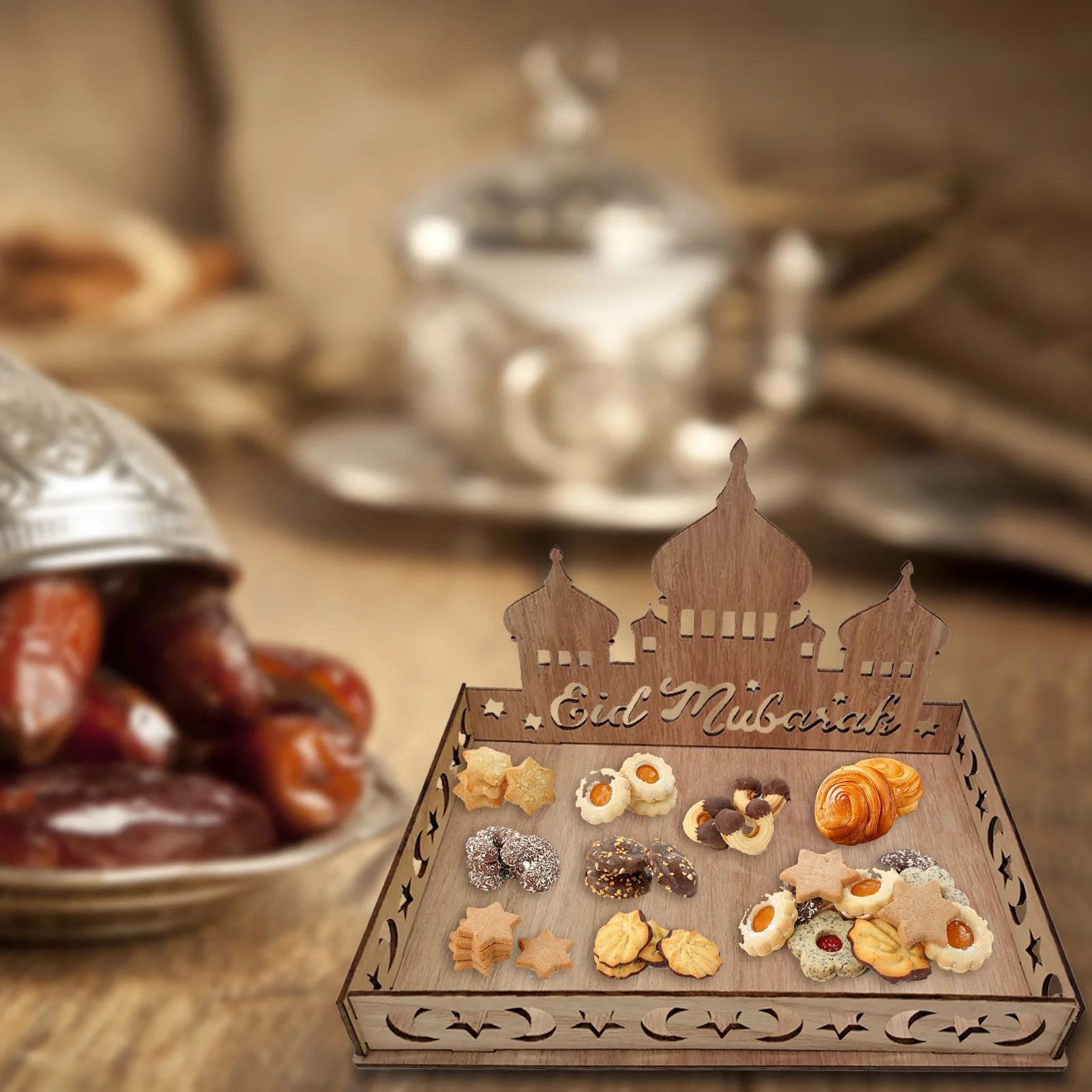 

Eid Mubarak Dessert Tray Castle Serving Tableware Tray Eid Mubarak Wooden Trays For Food Table Display Plate Eid Decorations For
