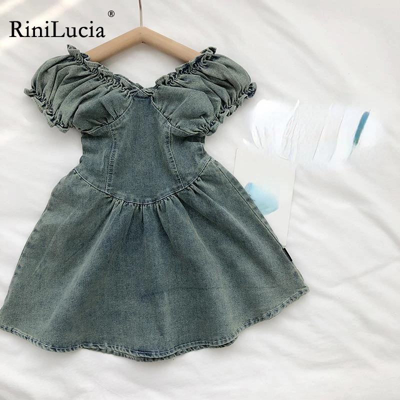 

RiniLucia Fahsion Toddler Kid Baby Girl Dress Summer Solid Pleated Short Sleeve Denim Dresses Children Girls Dress Kids Clothes