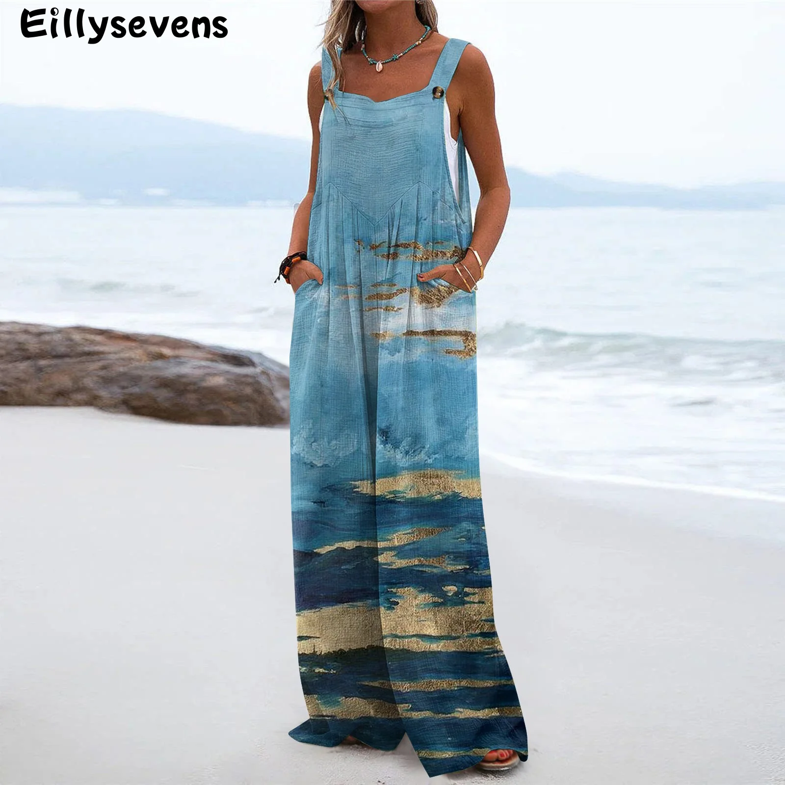 

Женский Длинный комбинезон с широкими штанинами, элегантный комбинезон с абстрактным принтом, 2023