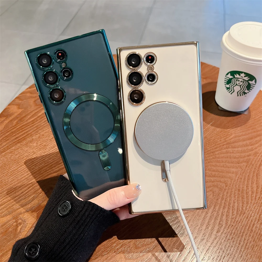 50x DHL покрытие Магнитный для Magsafe беспроводной зарядки чехол для Samsung S22 S21 Ultra Plus S22plus S22ultra прозрачный стеклянный чехол для объектива