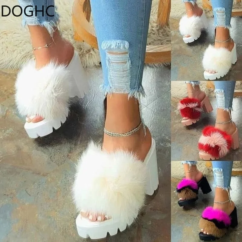 Platform Wedges Heel Slippers Luxury Designer Women Fur Slippers Solid Fluffy Furry Slides Outside Sexy Shoes Ladies Outdoor