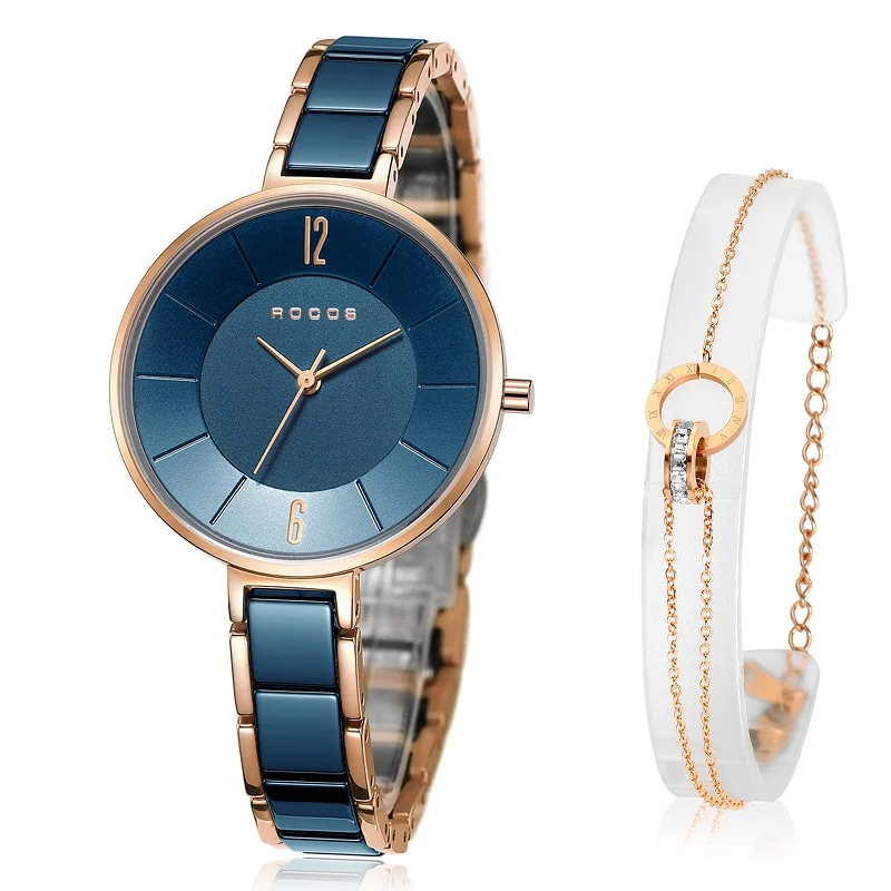 ROCOS Women Quartz Wrist Watch Ceramic Bracelet Watches Set Classic Fashion Ladies Creative Watch For Women Round Dress Watch