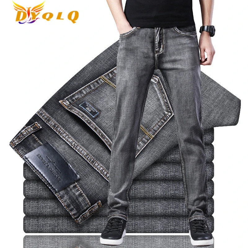 

Джинсы мужские прямые стрейчевые, брендовые длинные брюки, классический стиль, тонкие серые джинсы, деловая мода, лето