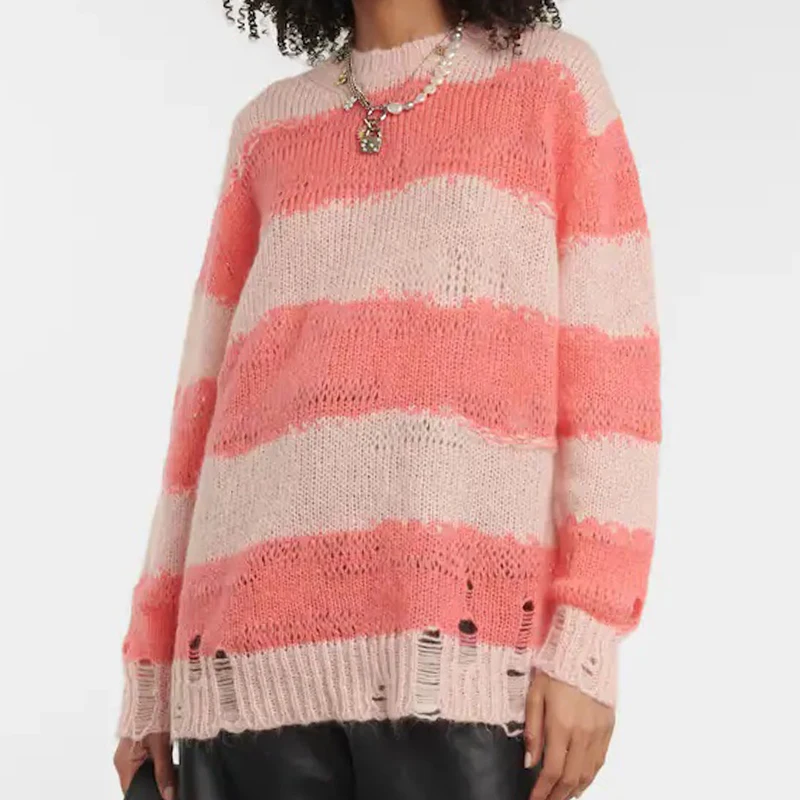 

Pink Kalia Sweater Open Knit Wool-blend Distressed Striped Jumper Pullovers Women Cool-kid Grunge Torn Sweater