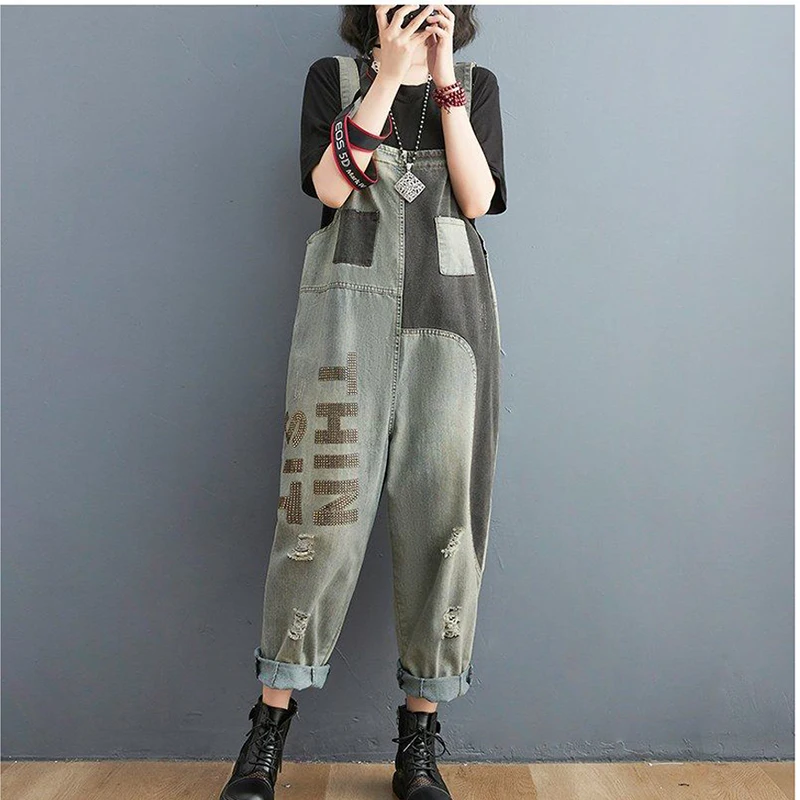 

Autumn High-waist Women's Ripped Straight Overalls Letters Printed Denim Jumpsuit Stitching Color Matching Retro Jeans Rompers