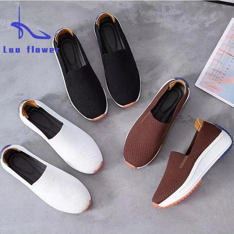 

Женские кроссовки без шнуровки, дышащие сетчатые кроссовки на платформе, Повседневные вязаные кроссовки на плоской подошве, большой размер...