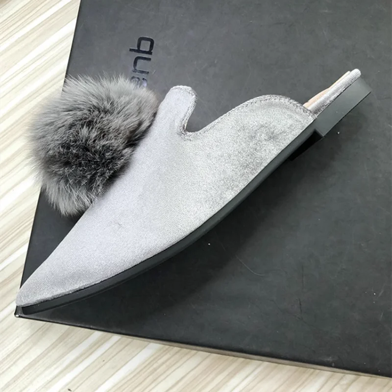 Lady 2023 New Corduroy Velvet Ball Slides Pointy Toe Shallow Mouth Green Grey Slippers No Heels Flats For Narrow Feet 32-44 27cm