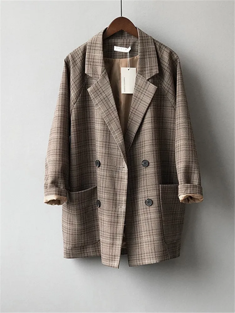 

Spring Fashion Loose Sweet Vintage Classic Plaid Striped Double-breasted Long Sleeve Blazers for Women Girl Outwear Jackets