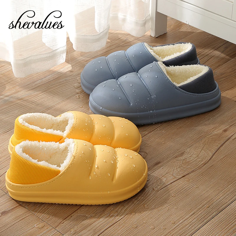 

Shevalues Plush Slippers Winter Warm Soft Sole Women Furry Slippers Ligth EVA Waterproof Outdoor Cotton Shoes Comfortable Slides