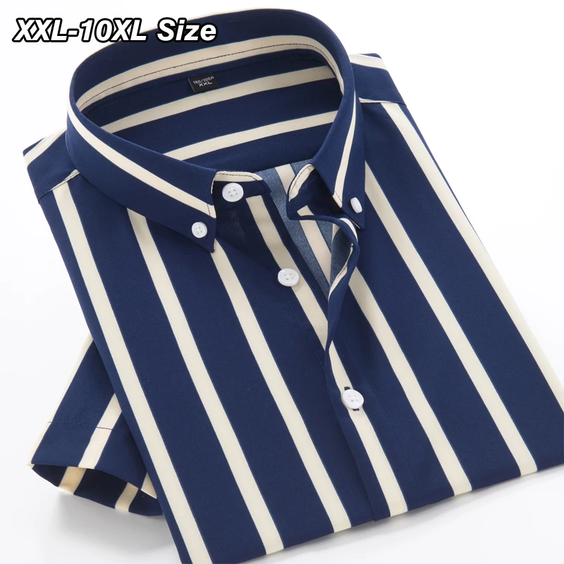 Plus Size Men's Short Sleeve Shirt Summer Classic Stripe Baggy Business Office Dress 7XL 8XL 9XL 10XL Elasticity Casual Clothing