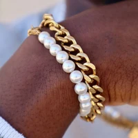 vnox cuban chain bracelets for men women stainless steel miami curban links casual simulated pearl beads chain bracelet